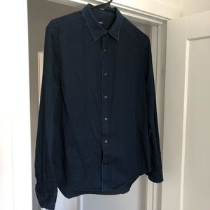 Vince over-dyed men’s button down. Deep indigo
